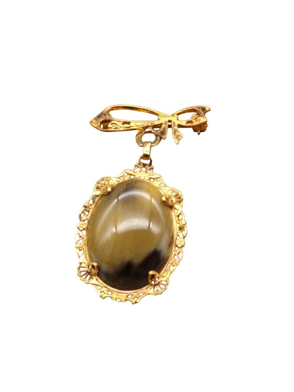 Vintage Filigree Bow Brooch with Dangling Stone Cabochon Ovalin Gold Tone Frame